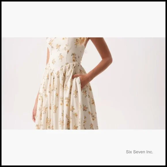 Floral Halter Corset Midi Dress with Pockets, 95%Polyester 5%Elastane